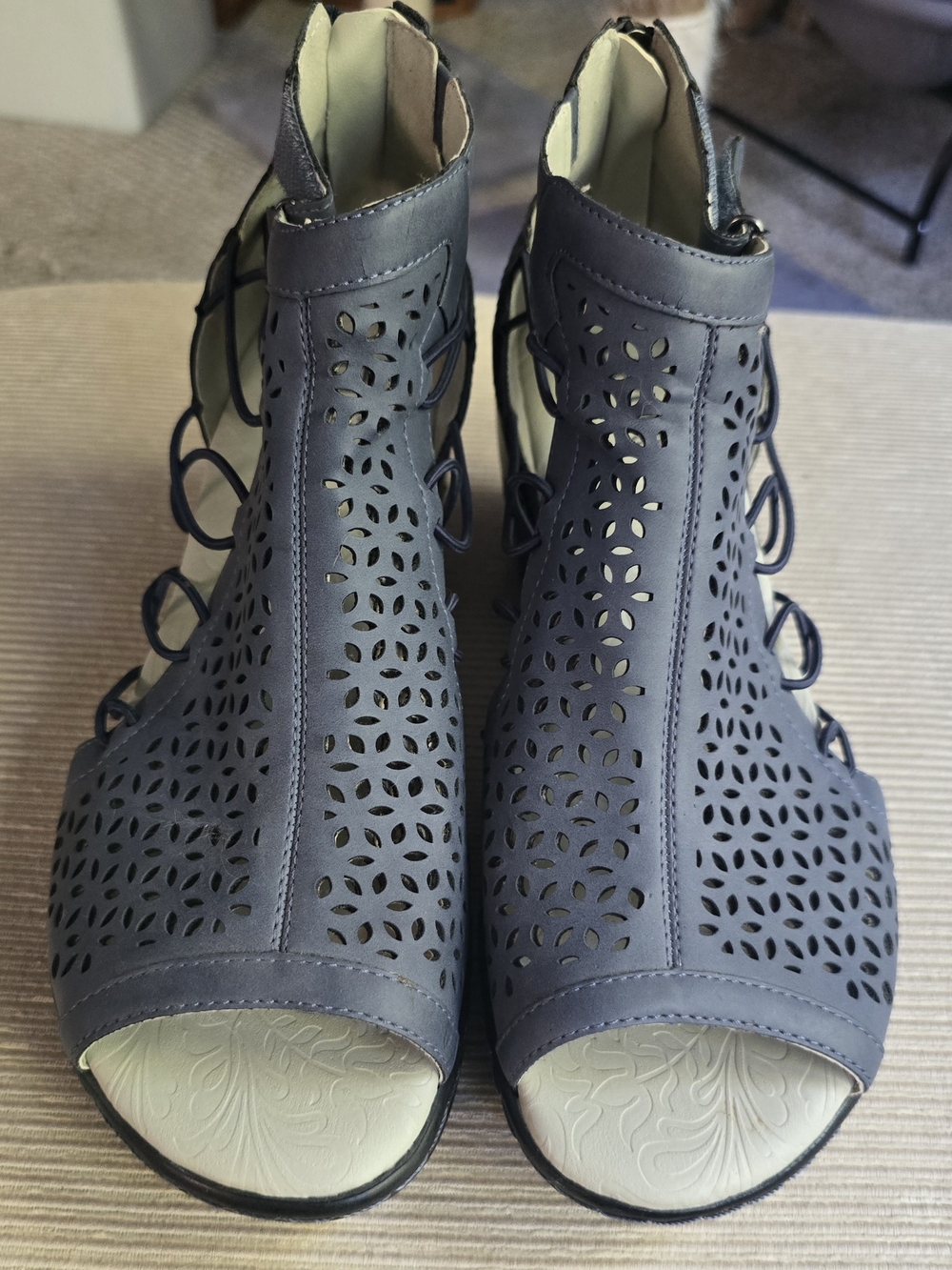 JBU Navy Laser-Cut Lace-Up Peep-Toe Sandals